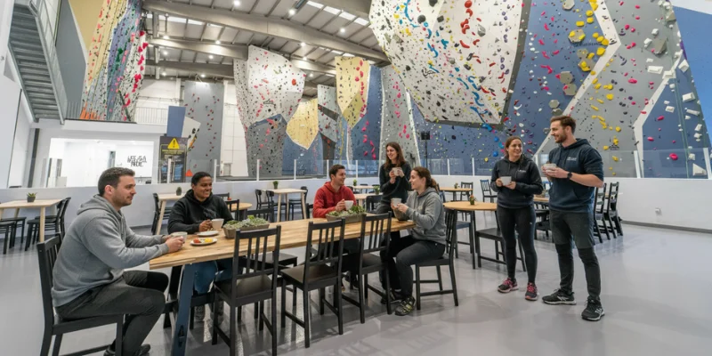eventos de team building en Gavà grupo tomando un cafe en el rocódromo